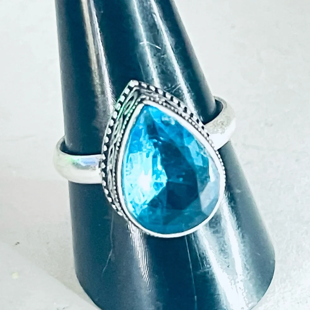 New 925 Sterling Silver London Blue Aquamarine Artisten OOAK Water Drop Ring - Picture 13 of 16